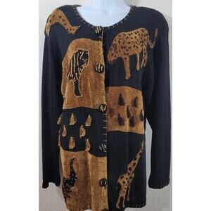 VTG Lisa International Black Gold Safari Animal Print Sweater Medium Button Up